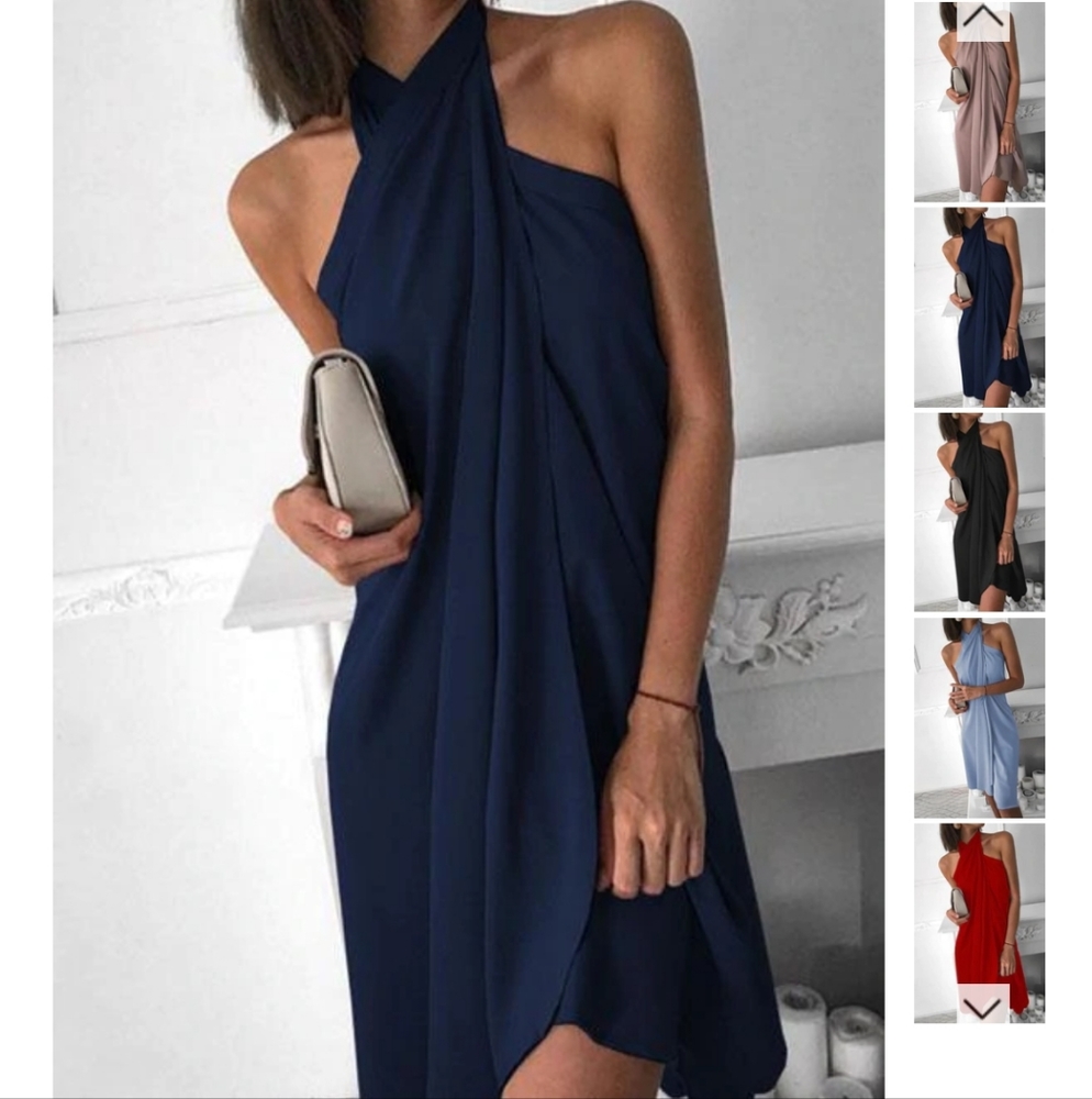 L Deep Blue Goddess Party Mini Dress
